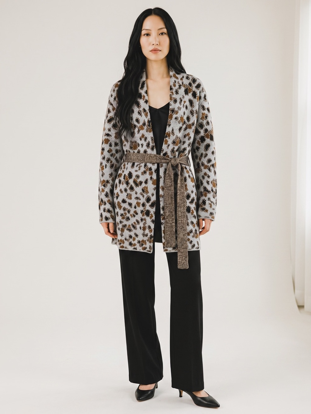 Time and Tru Gray and Brown Leopard Open-Front Coatigan